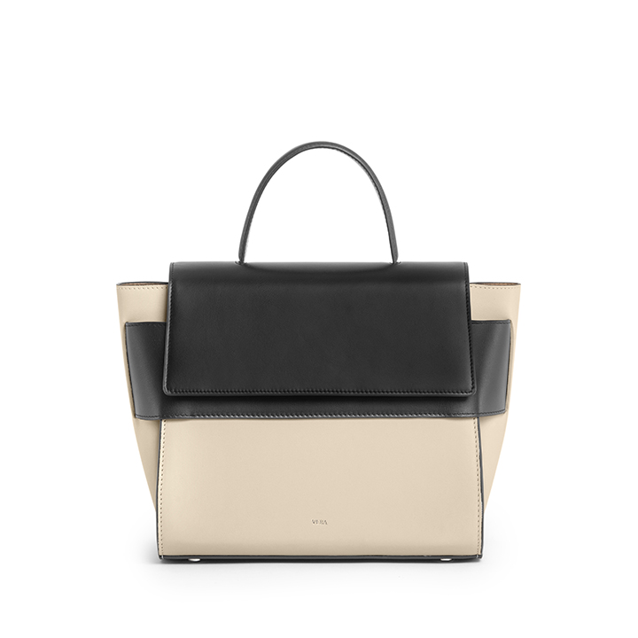 VERA Margo Leather Handbag, Size 24 in Beige Black