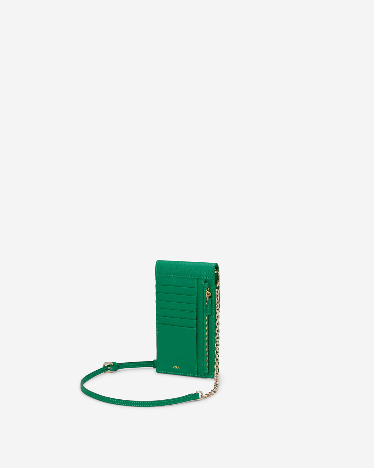 VERA Emily Phone Pouch with Leather Gold Chain in Confident Green กระเป๋าใส่โทรศัพท์หนังแท้ พร้อมฟังก์ชั่นกระเป๋าสตางค์ มาพร้อมสายสะพายโซ่หนังถอดได้ สีเขียว