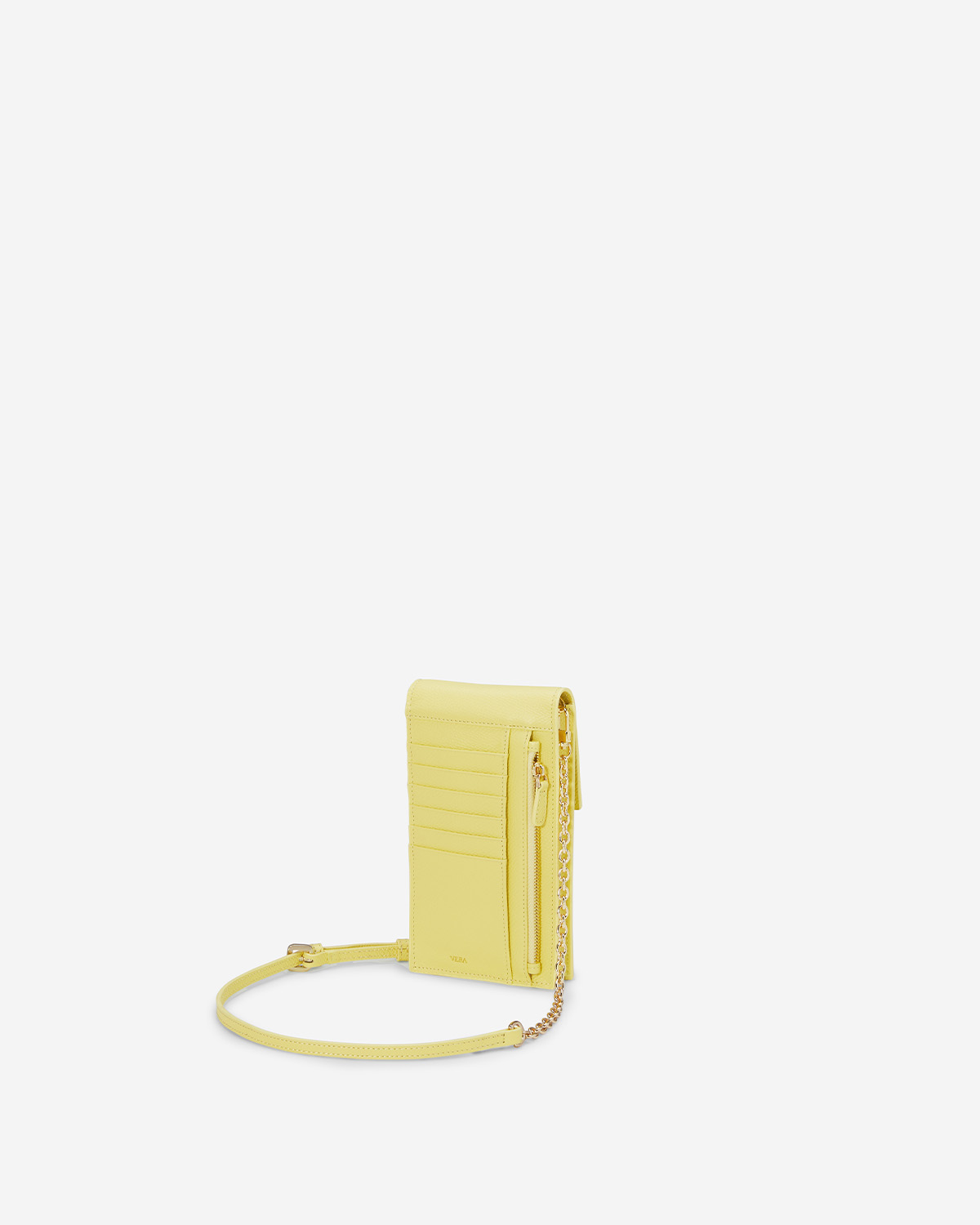 VERA Emily Phone Pouch with Leather Gold Chain in Happy Yellow กระเป๋าใส่โทรศัพท์หนังแท้ พร้อมฟังก์ชั่นกระเป๋าสตางค์ มาพร้อมสายสะพายโซ่หนังถอดได้ สีเหลือง