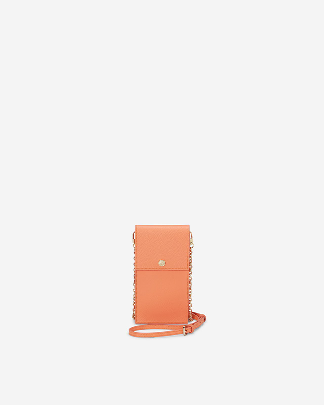 VERA Emily Phone Pouch with Leather Gold Chain in Joyful Orange กระเป๋าใส่โทรศัพท์หนังแท้ พร้อมฟังก์ชั่นกระเป๋าสตางค์ มาพร้อมสายสะพายโซ่หนังถอดได้ สีส้ม