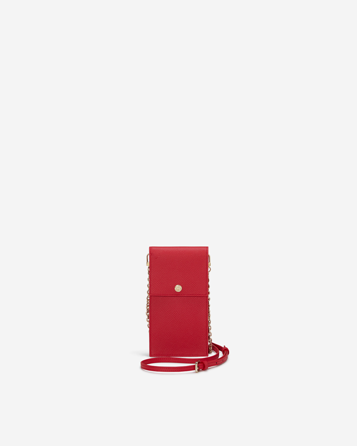 VERA Emily Phone Pouch with Leather Gold Chain in Passionate Red กระเป๋าใส่โทรศัพท์หนังแท้ พร้อมฟังก์ชั่นกระเป๋าสตางค์ มาพร้อมสายสะพายโซ่หนังถอดได้ สีแดง