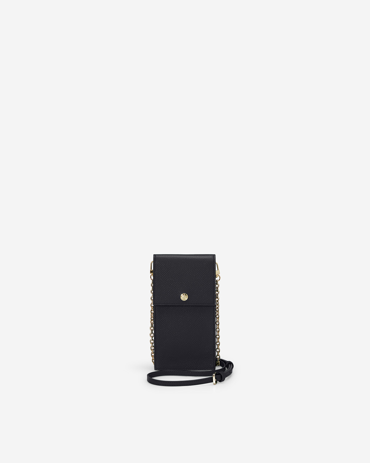 VERA Emily Phone Pouch with Leather Gold Chain in Powerful Black กระเป๋าใส่โทรศัพท์หนังแท้ พร้อมฟังก์ชั่นกระเป๋าสตางค์ มาพร้อมสายสะพายโซ่หนังถอดได้ สีดำ