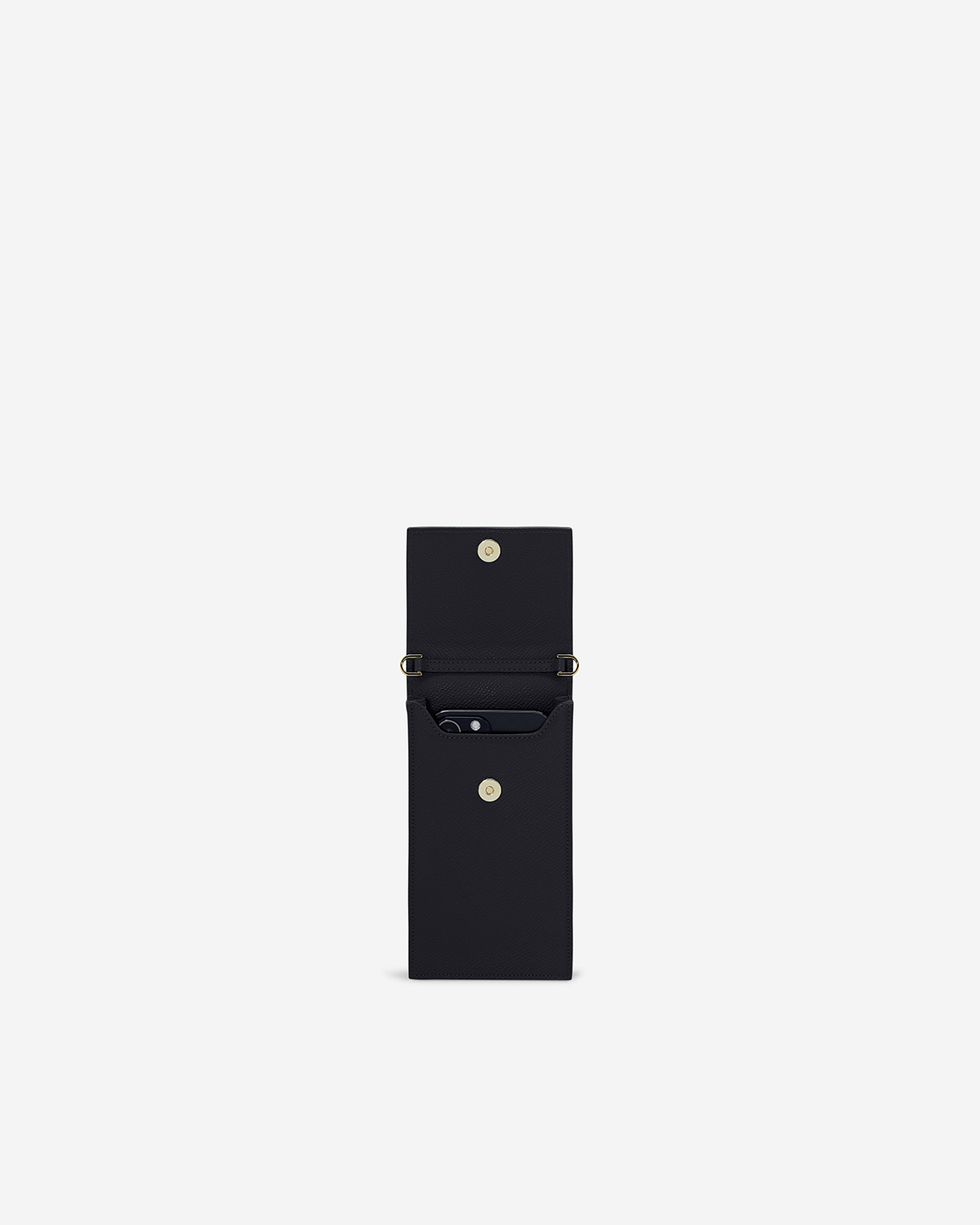 VERA Emily Phone Pouch with Leather Gold Chain in Powerful Black กระเป๋าใส่โทรศัพท์หนังแท้ พร้อมฟังก์ชั่นกระเป๋าสตางค์ มาพร้อมสายสะพายโซ่หนังถอดได้ สีดำ