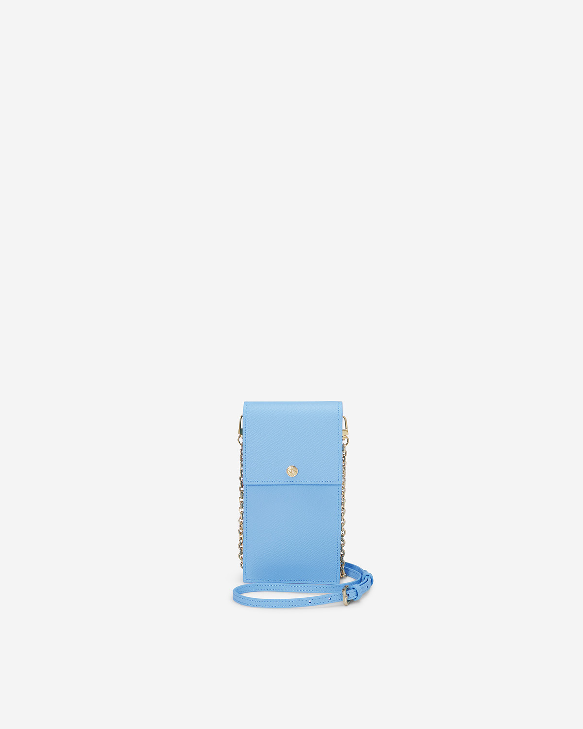 VERA Emily Phone Pouch with Leather Gold Chain in Serene Blue กระเป๋าใส่โทรศัพท์หนังแท้ พร้อมฟังก์ชั่นกระเป๋าสตางค์ มาพร้อมสายสะพายโซ่หนังถอดได้ สีฟ้า