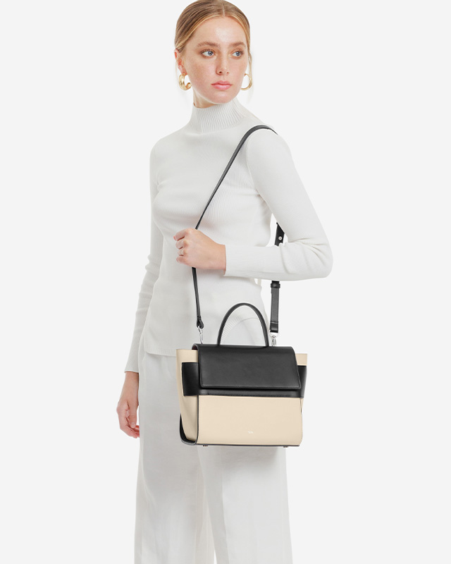 VERA Margo Leather Handbag, Size 24 in Beige Black