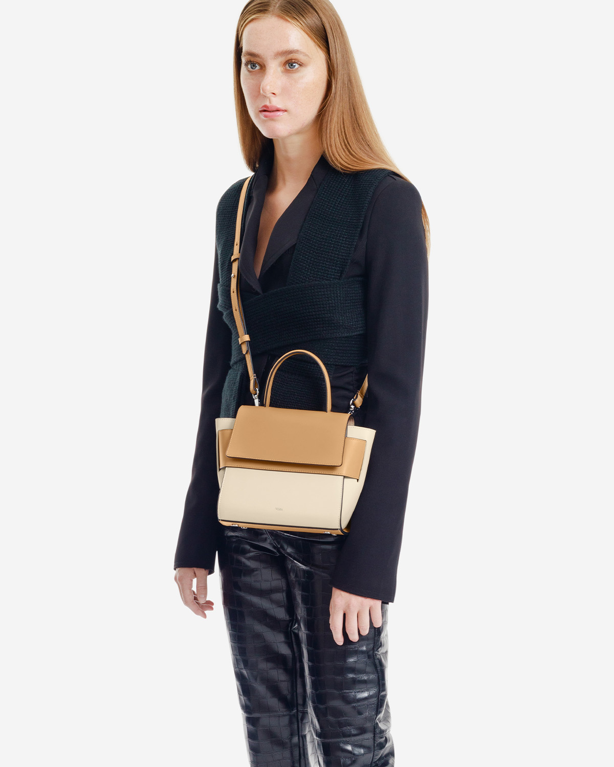 VERA Margo Leather Handbag, Size 20 in Beige Butterscotch
